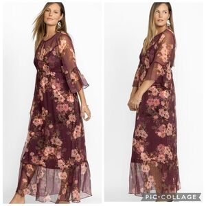 Johnny Was Winonna Maxi Dress Plum Burgundy Silk Floral Chiffon 1X Cottagecore